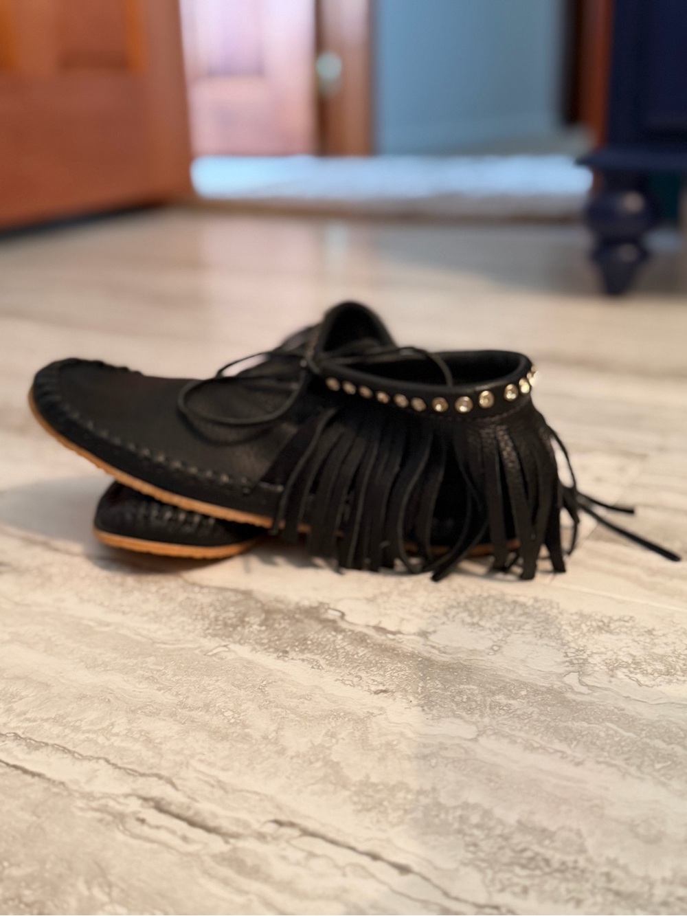 Black Fringe Moccasin with Studded Ankle — Women size 9